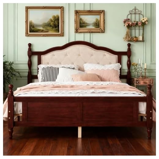 Bellemave Queen Pine Wooden Bed Frame with Upholstered Headboard and Panel Foot Board, Vintage Mid Century Bed Frame, Queen Size Wood Bed Frames,Classic Cherry