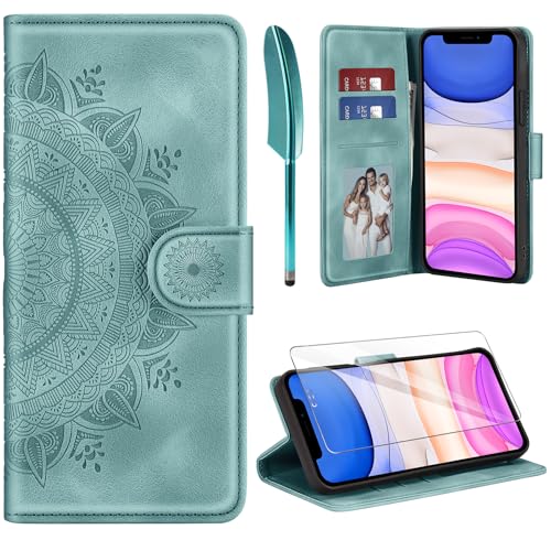 ivencase Lederhülle für iPhone 11 Hülle und Schutzfolie Premium Klappbar Handyhülle Flip Wallet [Kartenfach] [PU Leder] [Ständer] Schutzhülle Kompatibel mit iPhone 11 Grün