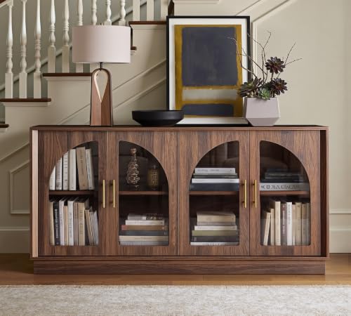 Image of FORTUNETEC 64 inch Sideboard Buffet Cabinet with Arched Glass Doors,Dark Walnut