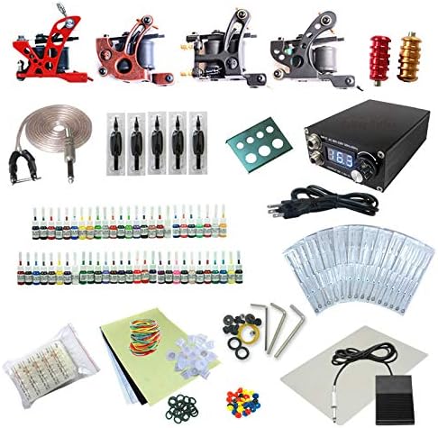 One Tattoo World Complete Tattoo Starter Kit, 4 Tattoo Machines, Digital Power Supply, 54 Color 5ml Tattoo inks, Grips, Needles, Transfer Paper etc, OTW-KTB454