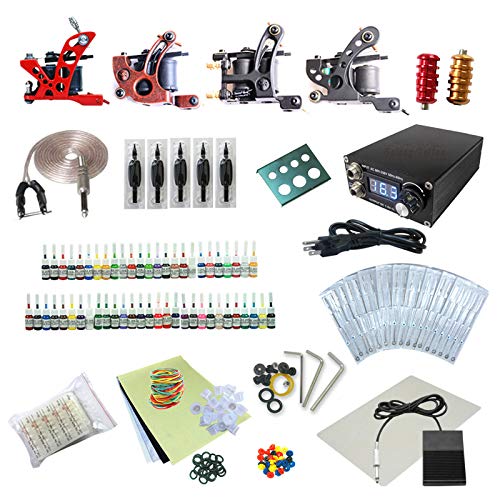 One Tattoo World Complete Tattoo Starter Kit, 4 Tattoo Machines, Digital Power Supply, 54 Color 5ml Tattoo inks, Grips, Needles, Transfer Paper etc, OTW-KTB454