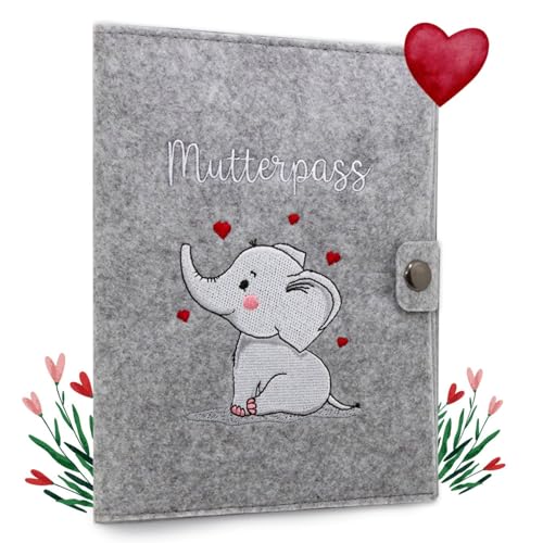 cozy racoon Mutterpasshülle aus Filz Elefant | In Deutschland hergestellt I Mit Innentaschen für Versichertenkarte und Ultraschallbilder I Persönliches Geschenk für Schwangere