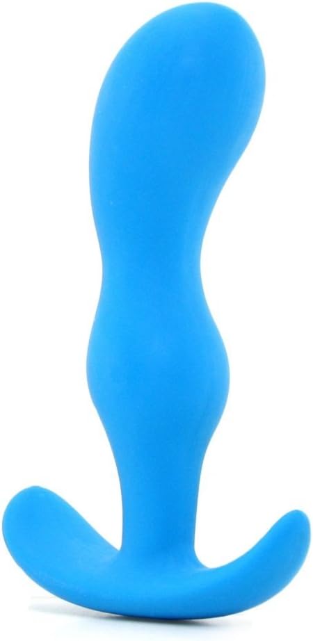 Side view of the blue silicone anal plug, showing its curved shape