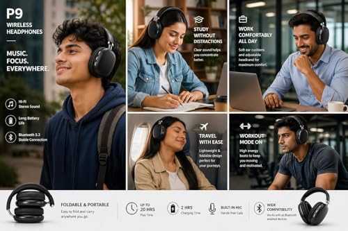 Image of P9 Wireless Bluetooth Headphones Over Ear | Foldable Design | Deep Bass Sound | Up to 20 Hours Battery | Built-in Mic | Comfortable Cushions | Budget Friendly Headset