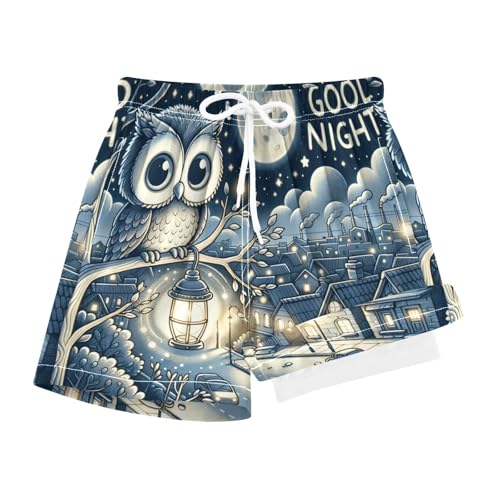 Boy Swim Trunks with Compression Liner Owls Good Night Boys Swim Shorts Quick Dry Beach Shorts