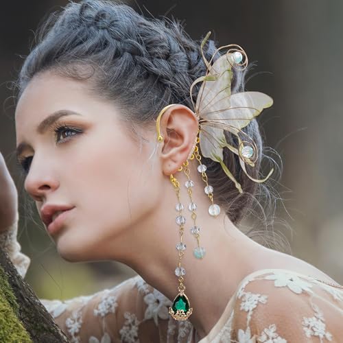 FRESHME Fairy Elf Ear Cuffs - Butterfly Wings Elven Ear Cuffs with Glass Beads Tassel Non Pierced Mermaid Ears for Women2