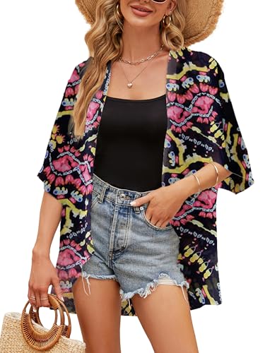 Image of Chunoy Women Summer Boho Floral Short Sleeve Lightweight Sheer Cardigan Open Front Beach Swimwear Blouse Top Chiffon Kimono Cover Up X-Large