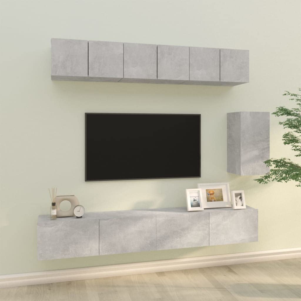 6-TLG. TV-Schrank-Set, Betongrau Holzwerkstoff, modernes Media-Center für Wohnzimmer, stabile Hängeschränke, vielseitige Aufbewahrung