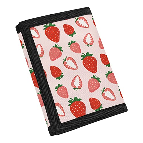 Coldinair Strawberry Print Wallet for Women Girls Teens RFID Trifold Canvas Wallets for Outdoor School Travel