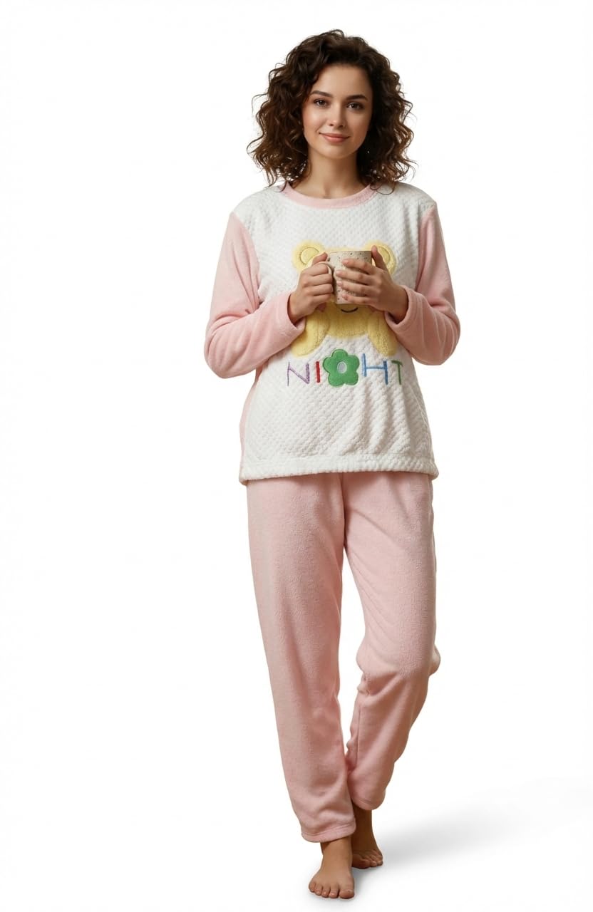 milap trading co. Women's Wool Top & Pajama Set, Pink and White, Long Sleeve Top with Night Graphic, Soft Loungewear-picture-34