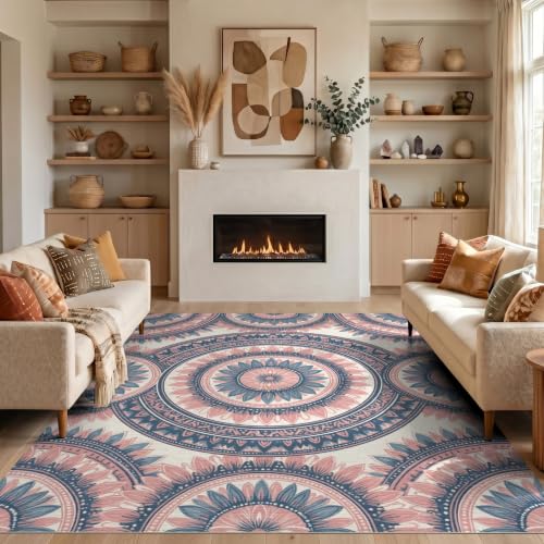 Adiugt 4'x6' Washable Area Rug Round Vintage Pink Tassels Tasseled Border Southwestern Boho Distressed Refined for Playroom, Bedroom, Reading Nook, Pet Friendly & Kids Safe Play