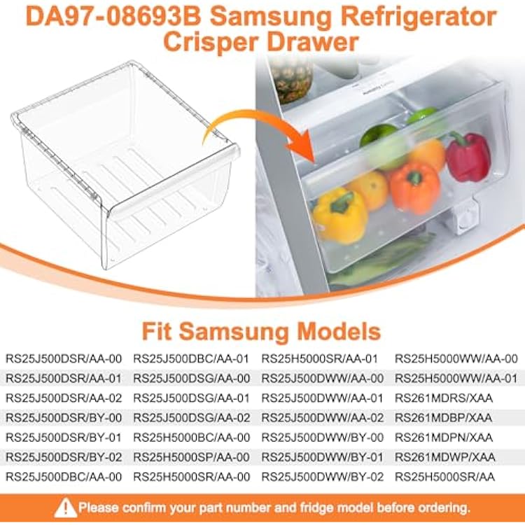 UPGRADED DA97-08693B Refrigerator Crisper Drawer Compatible with Samsung Refrigerator Drawer Replacement Bin RS25J500DSR RS261MDRS RS25H5000SR RS25J500DSG Samsung Fridge Drawers Replacement Part Upper