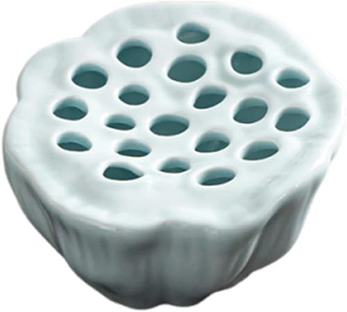 Handmade Lotus Vase, Ceramic Flower Holder with Holes, Decorative Flower Pot for Home Office, Table Centerpiece(Cyan)
