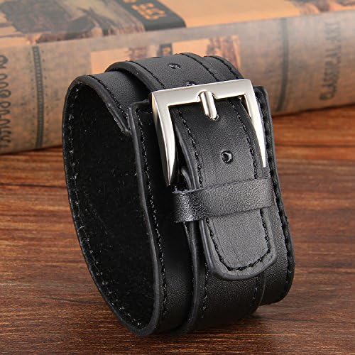 Avaner Wide Leather Cuff Bracelet, Punk Leather Bangle Wrap, Gothic Rock Biker Wristband Strap Black