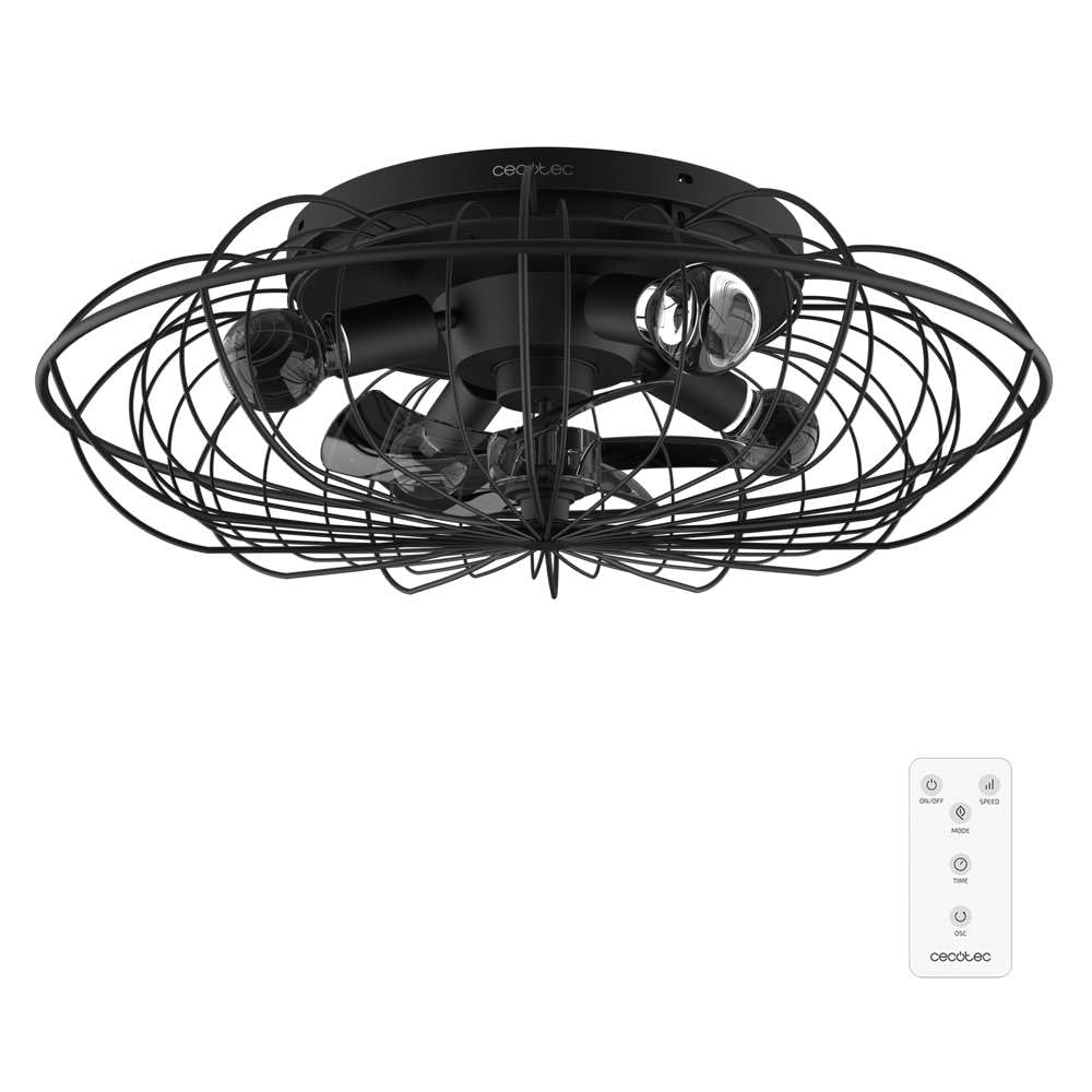 Cecotec Ventilador de Techo con Luz EnergySilence LampAero 650 Iron Design. 20W, Motor DC, Lámpara, 5 Aspas de 11", Control remoto, 3 Velocidades, 3 Tonos de luz, Temporizador, Modo winter/summer