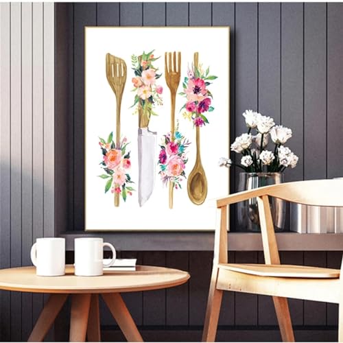 Fleurs et ustensiles en bois : peinture murale, décoration de la maison et art mural de cuisine