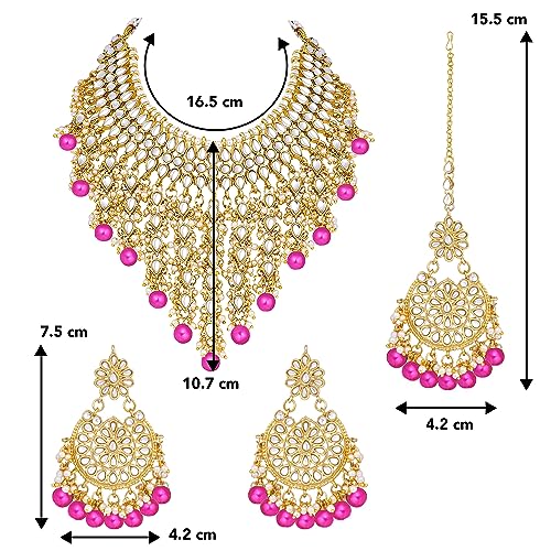 Image of Peora Kundan & Beads Studded Necklace Earrings & Maangtikka Set Ethnic Jewellery for Women & Girls