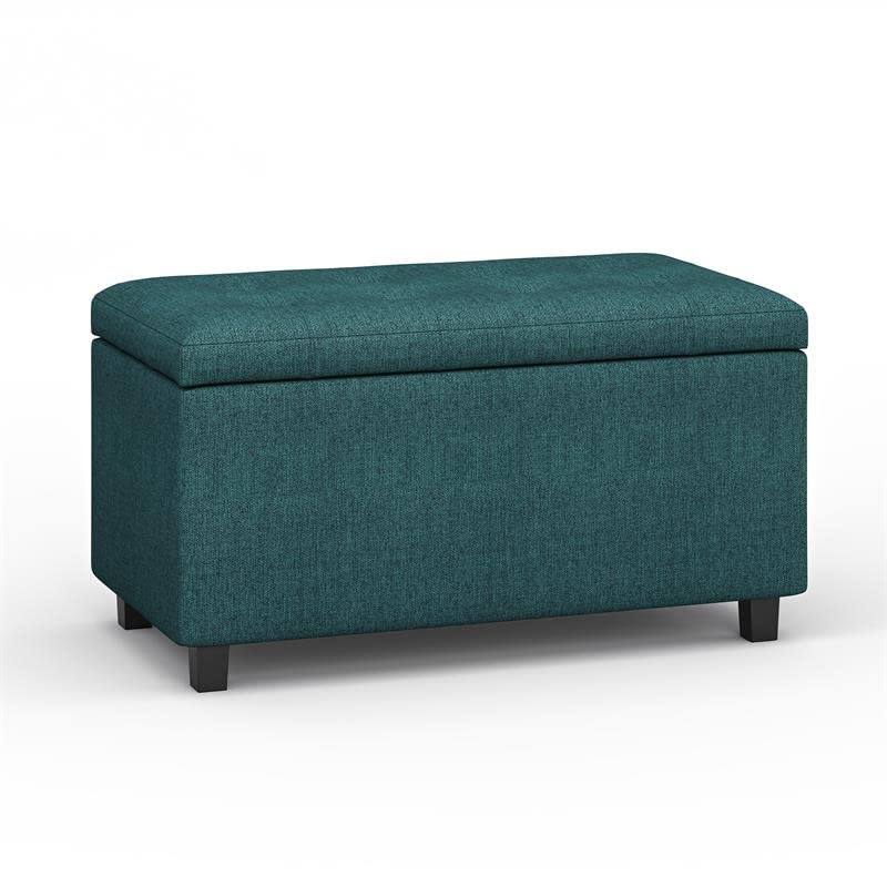 SIMPLIHOME Cosmopolitan 34 inch Wide Rectangle Lift Top Storage Ottoman in Upholstered Teal Tufted Polyester Fabric, Footrest Stool, Coffee Table for the Living Room, Bedroom and Kids Room