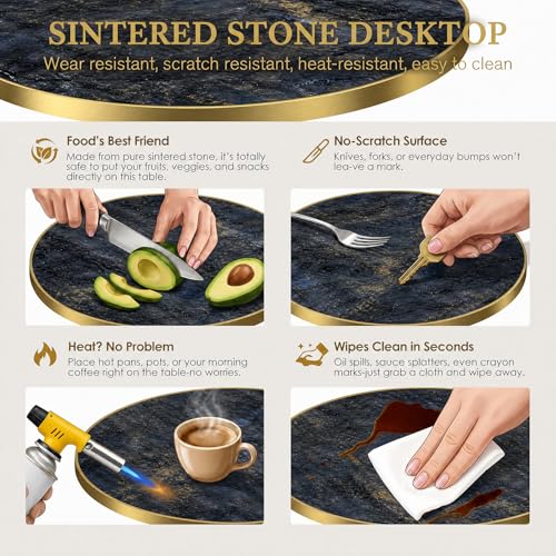 Image of 31.5 inchTulip Table, Sintered Stone Small Round Dining Tables&Metal Edge&Base | Small Modern Circle Dining Table for 2-4 Person ,Bistro Tables for Dining Room /Restaurants /Small Spaces /Marble Starry Sky