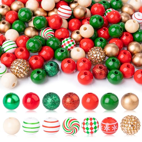 BeBesta 240 Pcs Christmas Wooden Beads Gold Red Green White Round Beads for DIY Crafts Garland Jewelry Making