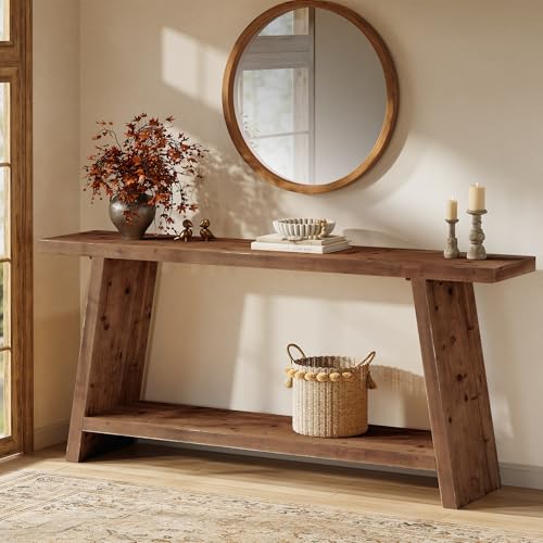 TRIBEWOOD Consola de Madera Maciza 160 cm Marrón, Mesa de Entrada Estrecha con 2 Estantes, para Pasillo, Salón o Detrás del Sofá, Estilo Granjero Vintage
