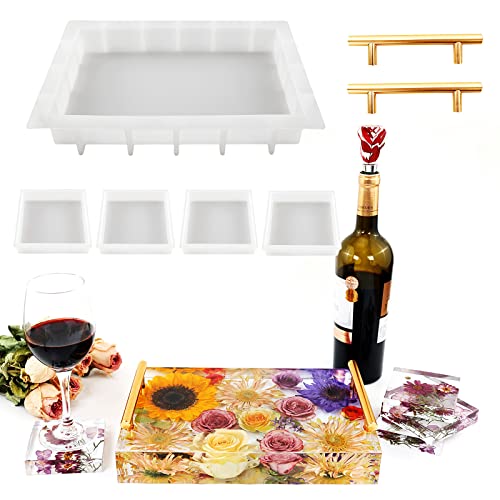 Resin Tray Molds Silicone 13.5 Large Deep Rectangle Molds for Resin with 4pcs Coasters Mold Epoxy Casting Molds for DIY Flowers Preservation Art Making Home Dcor
