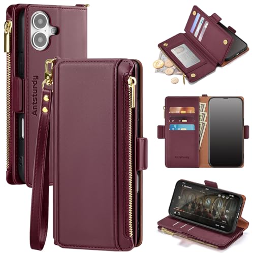 Antsturdy Compatible with iPhone 17 Wallet Case Women RFID Blocking PU Leather Phone Case Men Kickstand Flip Folio Cover Wrist Strap Zipper Credit Card Holder Slots for Apple 17 6.3 Wine Red
