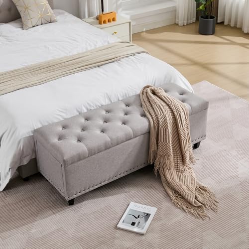 Tbfit 50.8“ Large Ottoman Storage Bench for Bedroom, Oversized Tufted Upholstered Entryway Benches End of Bed, Rectangle Dorm Foot Stool with Safety Hinge & Solid Wood Legs, Loads 660 lb, Light Gray