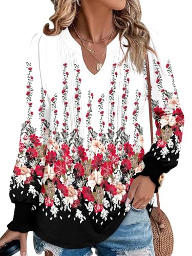 BETTE BOUTIK Long Sleeve Shirts for Women Fall Tops Dressy Blouses Pleated V Neck Tunic Tops for Leggings S-3XL