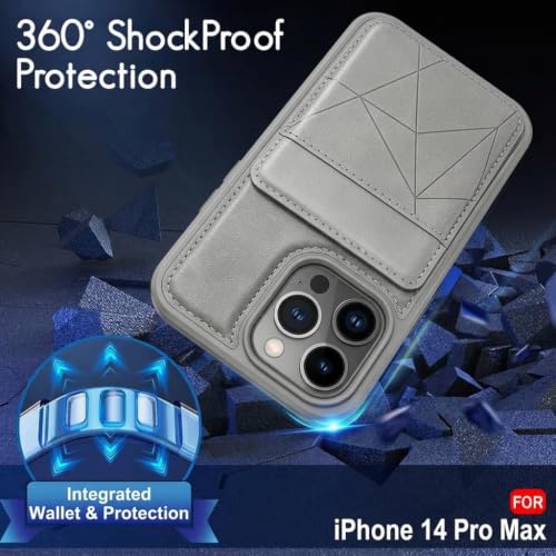 Image of amazon basics Premium Vegan Leather Back Cover with Card Holder and Integrated Mobile Stand for iPhone 14 Pro Max - Slim Shockproof Wallet Case with Geometric Stitching [Gray]