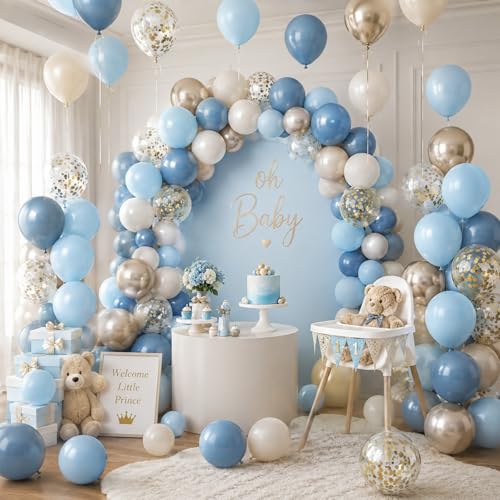 Image of HILAVO Dusty Blue Balloons 12 Inch Pastel Fog Blue Slate White Sand Metallic Gold Confetti Party Balloons Light Baby Blue White Gold Latex Balloon for Boy Baby Shower Birthday Wedding Party Decoration