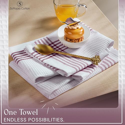 Image of Waffle White & Burgundy Wine Dish Towels Set of 12, 100% Cotton, 16x26 inches, Reusable Cleaning Cloths for Drying Dishes, Quick Dry Kitchen Towel, Durable for Heavy-Duty Use