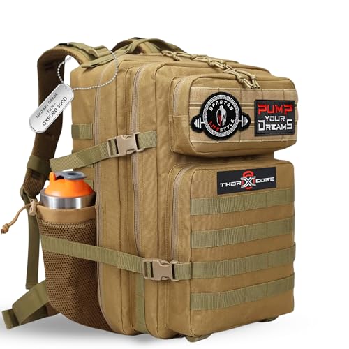 THORXCORE Sac a dos militaire - Sac à dos tactique militaire imperméable avec compartiments organisés pour la gym et les voyages - Durable et polyvalent personnalisable avec patchs inclus (Kaki)
