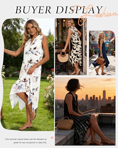 Image of AUSELILY Womens Summer Midi Dress V Neck Sleeveless Casual with Pockets | Flowy womens summer dress with asymmetrical hem, great for beach, vacation and daily wear