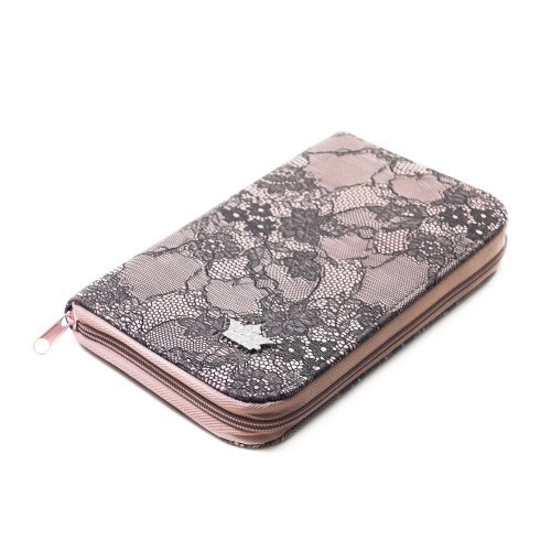 PUEEN 168 Nail Stamping Plates Synthetic Leather Holder Case Organizer in Light Pink and Black Rose Lace Pattern-BH000007