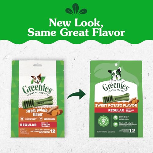 Image of Greenies Regular Natural Dental Dog Treats, Sweet Potato Flavor, 12 Count | Veterinarian-recommended, cleaner teeth after 28 days, freshens breath, for dogs 25-50 lbs, 12 oz. Pack