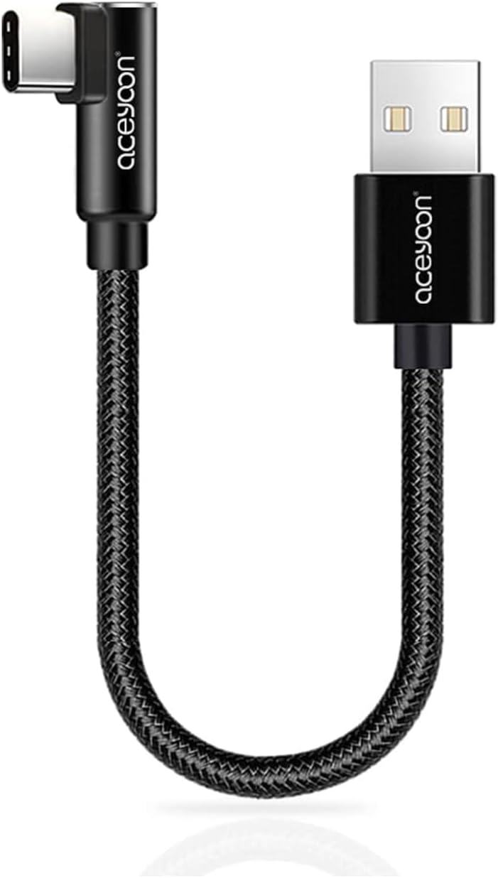 aceyoon USB C Charger Cable 90 Degree, Mini Type C Cord 0.2M Charging & Data Sync USB C Right Angle Short Cord Braided Type C Cable Compatible for iPhone 15 for Huawei for Galaxy for Pixel(Black)
