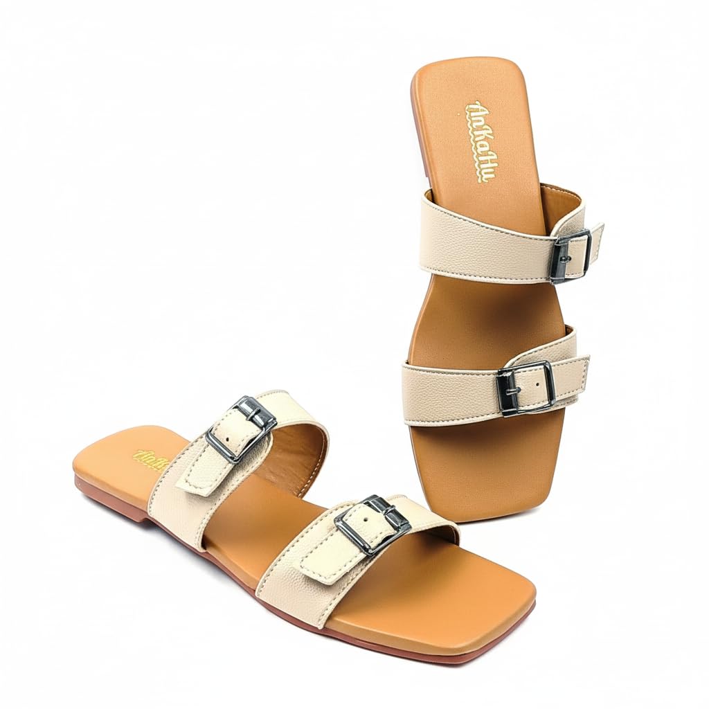 flats for women stylish daily use footwear woman with side buckle latest comfortable slip-on casual & office belt sandals girls double strap slider slippers open toe foot wear-image-5