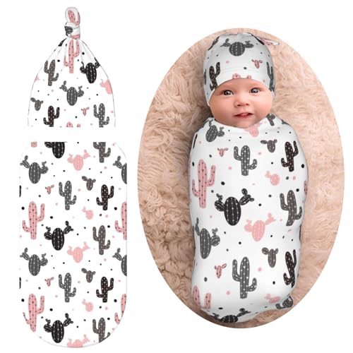 Image of Cactus Pink Black Newborn Swaddle Blankets Baby Stuff Soft Swaddle Sack Swaddling Blanket with Beanie Sets Gifts For Infant Boys Girls
