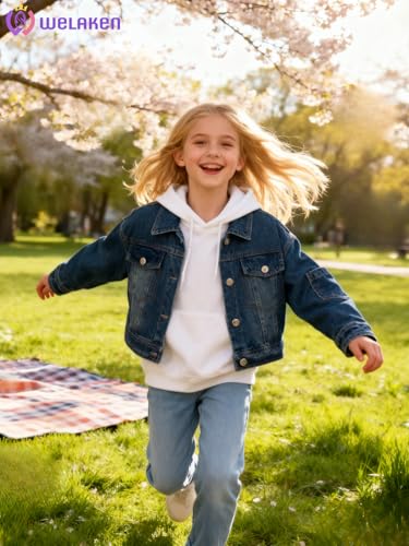 Image of WELAKEN Print Denim Jacket for Girls & Kids II Little Girl's Button Down Crop Jean Jacket Coat