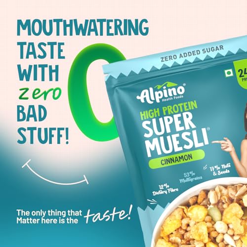 Image of ALPINO High Protein Super Muesli Cinnamon 750g - 0 Added Sugar, 53% Multigrain, 17% Nuts & Seeds - 24% Protein, Source of Dietary Fibre & Healthy Fats
