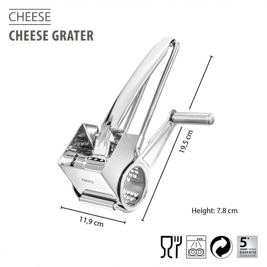 GEFU QUESO Râpe à fromage | Tambour à râper LASER-CUT | Pour fromage, noix et chocolat | Démontable et passe au lave-vaisselle | Manivelle pour droitiers et gauchers