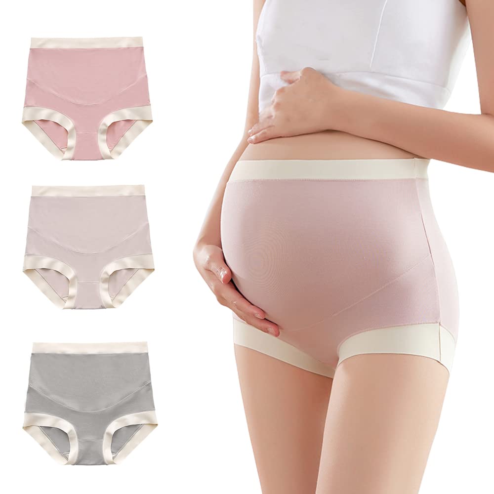 Dzozo Women's Pink, Gray, Coffee Maternity Knickers Pregnancy Panties High Waist Underwear Knickers Shorts Pants Belly Support Maternity 3 Pcs