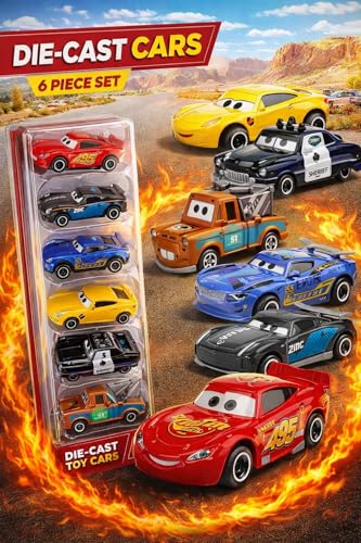 Image of DREAMY DEN 6-Piece Die Cast Metal Toy Car Set - Unbreakable Mini Racing Vehicles for Kids - Movie-Themed Collectible Play Cars Return Gift for Boys 3+ (Multicolor)