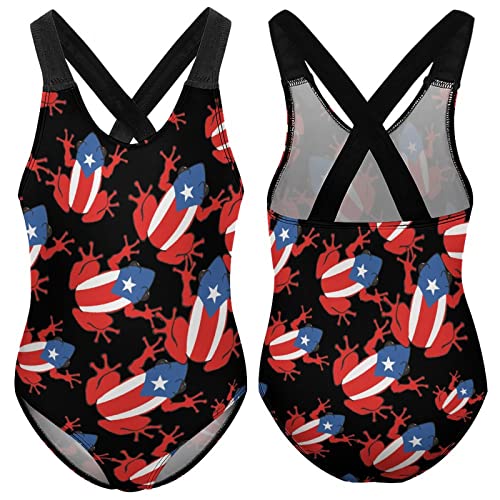 Puerto Rican Frog Flag Girl's One Piece Swimsuit Quick Dry Bathing Suit Cross Back Straps Swimwear 9-11Y（140cm）3