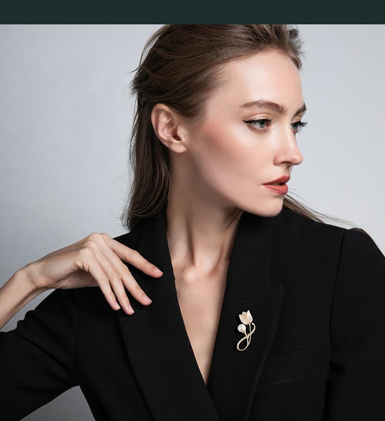 Image of 14K Gold Tulip Flower Brooch, Delicate Moissanite and Natural Freshwater Pearl Corsage,Perfect for Elegant Dressing