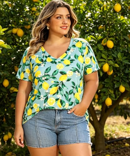 Image of RITERA Women Plus Size Tops Tie Dye V Neck Shirt Floral Camo Summer Short Sleeve Tunic Oversized Ladies Blouse XL-5XL