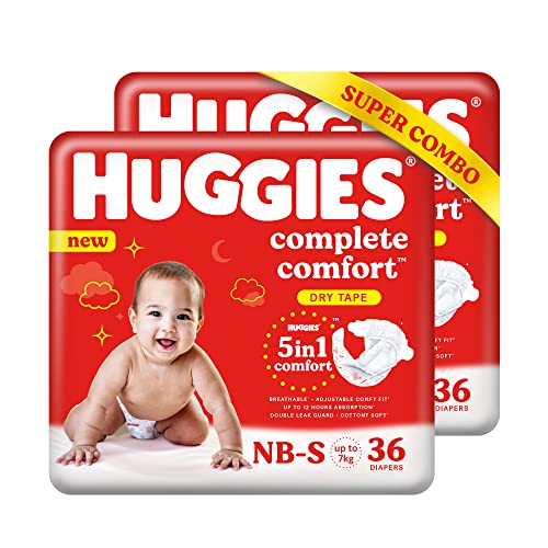 Image of Huggies Complete Comfort Dry Tape Newborn - Small (NB-S) Size Baby Tape Diapers, Combo Pack of 2, 36 count per pack, 72 count & Mamaearth Natural Repellent Mosquito Patches with 12 Hour Protection