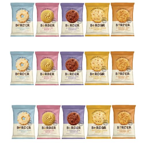 15 x Borders Biscuits Mini Mixed Flavour Variety Packs - (30 Biscuits in Total) Contains 5 Flavours Cookies Assortment