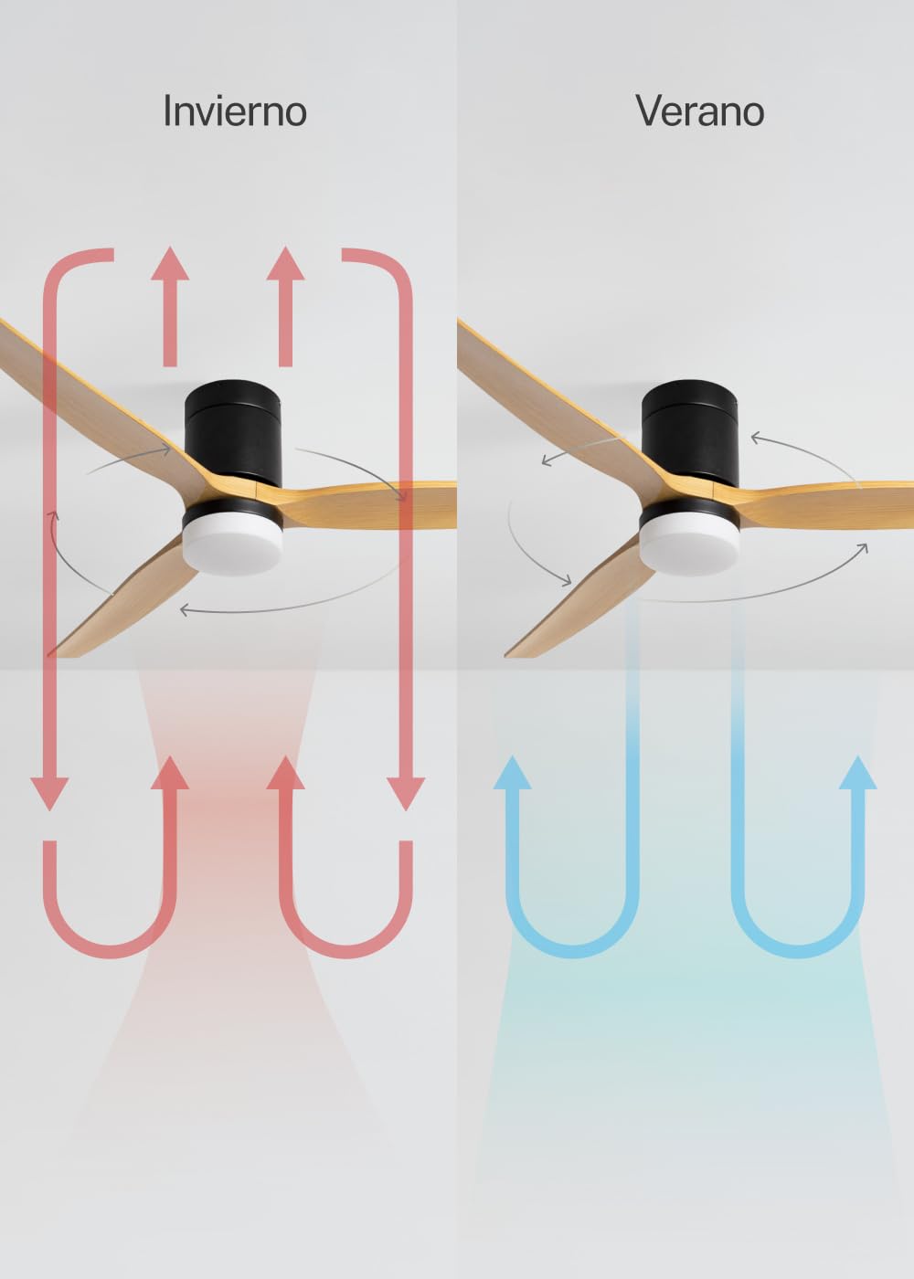 CREATE / WINDCALM L/Ventilador de techo ABS con luz negro aspas efecto madera clara con Wifi y mando / 40W, Silencioso, Ø152 cm, 6 velocidades, 3 temperaturas de luz, función verano-invierno